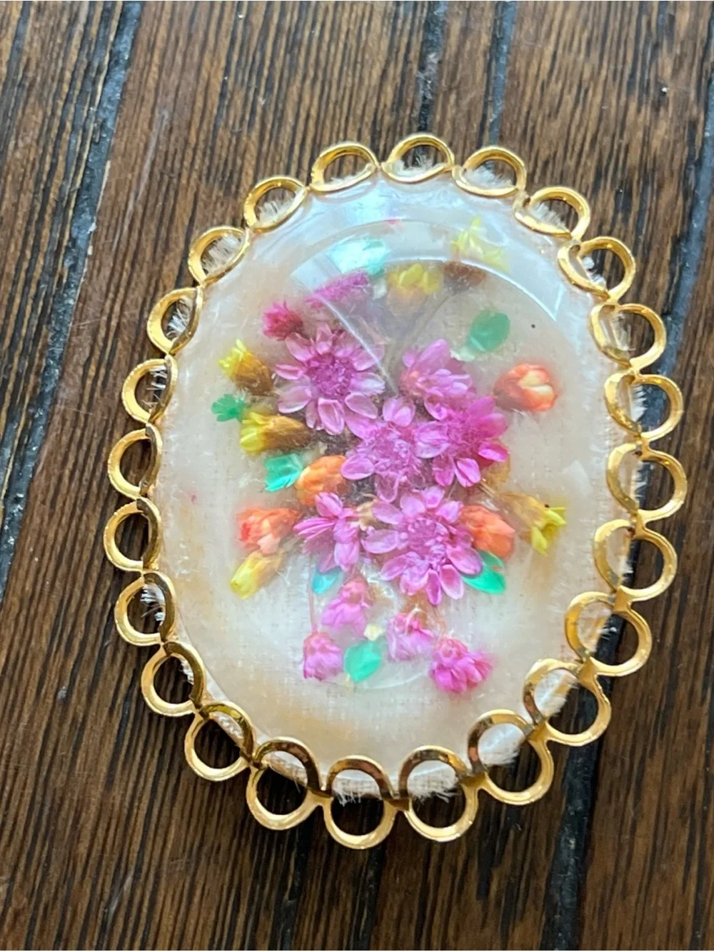 Floral Resin Gold-Tone Oval Brooch - Pink & Yellow Flowers